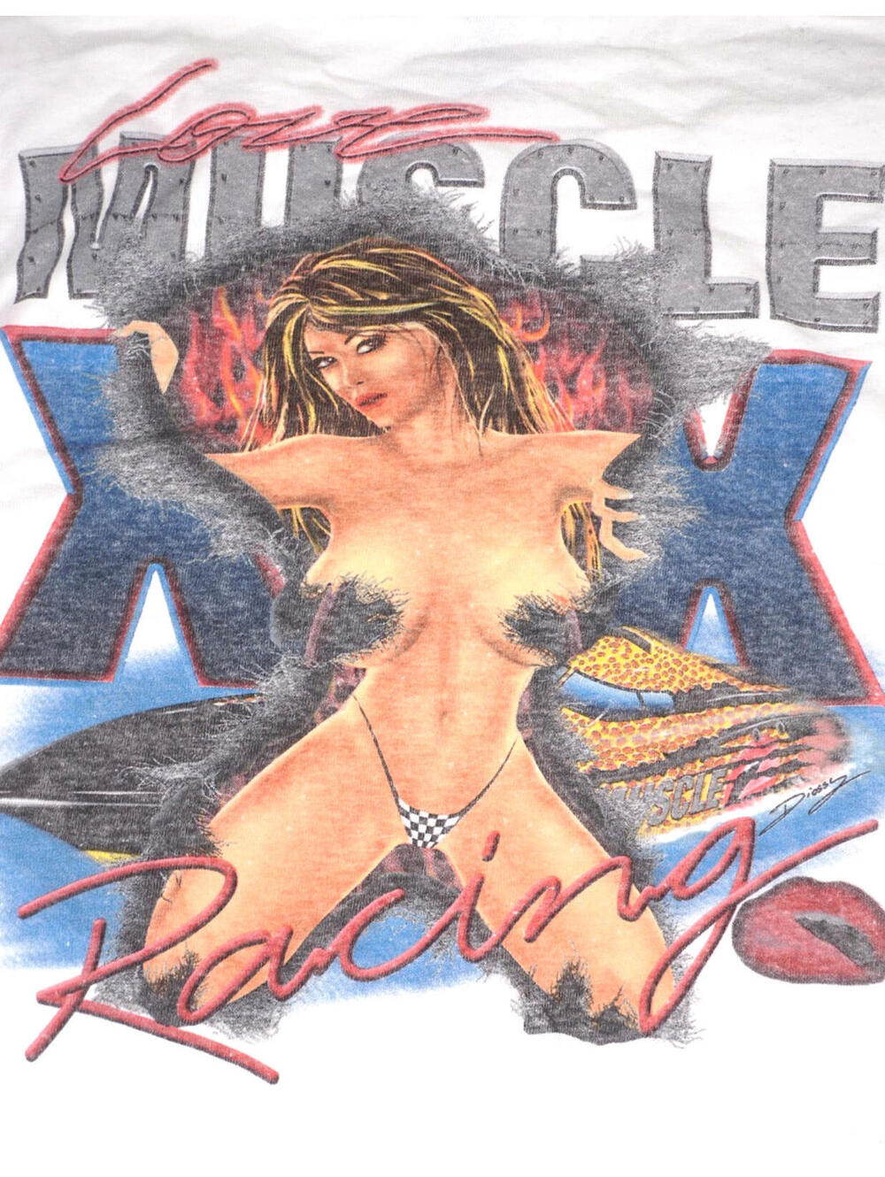 Vintage Muscle Car Babe Pin Up Girl T Shirt Mens XXL 90s Nascar  America USA